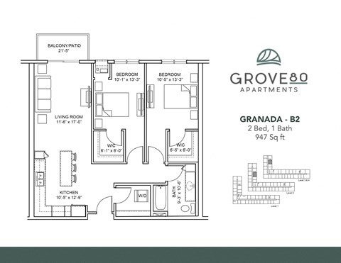 Floor plan for 2 beds, 1 bath, 947 sqft